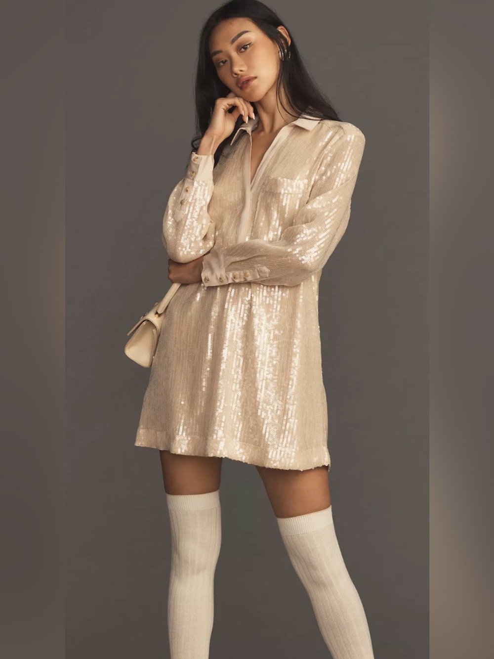 Pilcro Champagne Sequin Long-Sleeve Tunic Dress